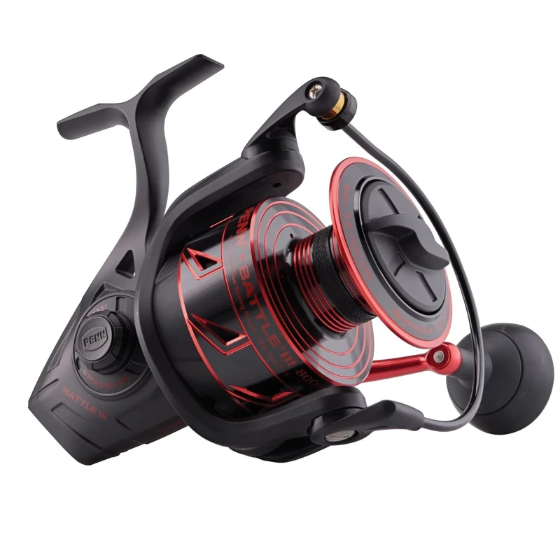 PENN Battle III Spinning, Fishing Reel, Spinning Reels, Sea - Inshore Fishing, Rugged, Saltwater Spin Reel for Lure and Bait Fishing - Bass, Pollack, Cod, Mackerel, Wrasse, Unisex, Black Red, 8000HS