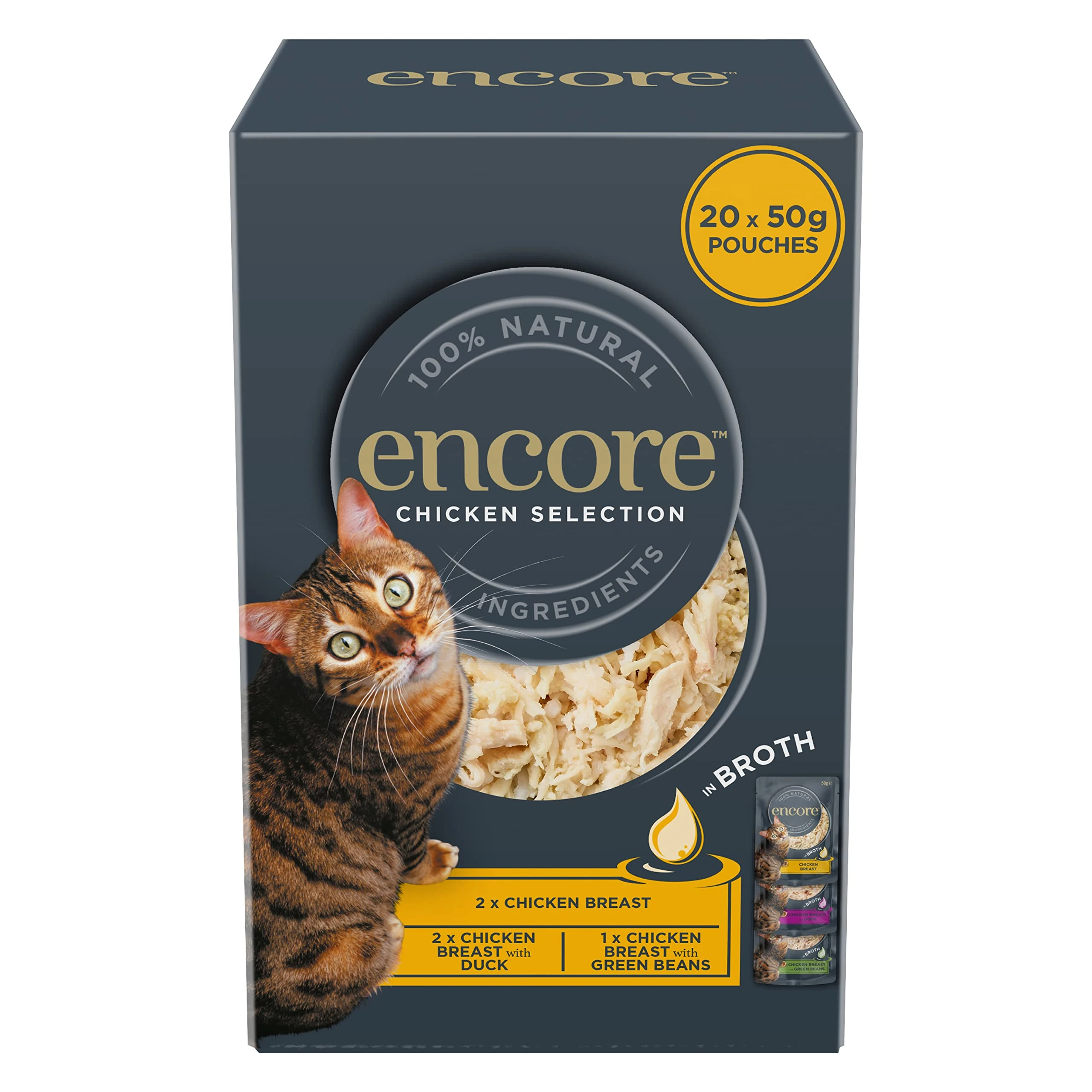 Encore 100 Percent Natural Wet Cat Food, Multipack Chicken Selection in Broth, 50g Pouch (Pack of 20 Pouches)