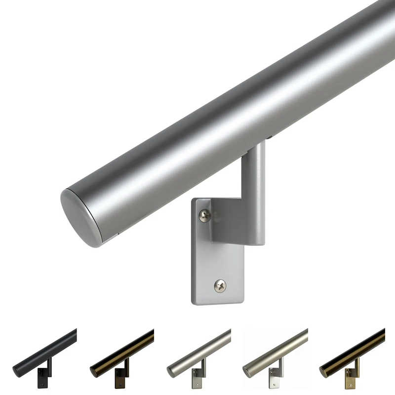 Promenaid Satin Silver 1.5ft Flush Handrail Kit - Complete Indoor/Outdoor Stair Handrail - Modern 1.6" Round Satin-Anodized Aluminum Railing with 4 Satin Black Painted