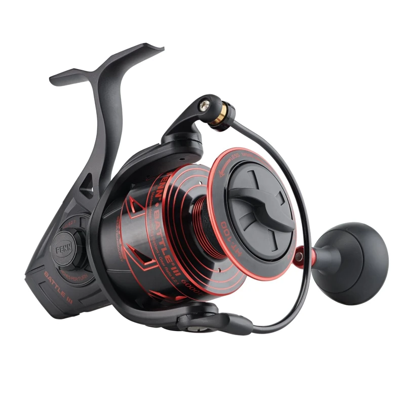 PENN Battle III Spinning, Fishing Reel, Spinning Reels, Sea - Inshore Fishing, Rugged, Saltwater Spin Reel for Lure and Bait Fishing - Bass, Pollack, Cod, Mackerel, Wrasse, Unisex, Black Red, 6000HS