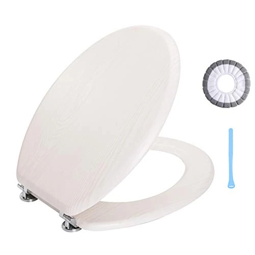 Angel Shield Antibacterial Wooden Toilet Seat Adjustable Hinges Toilet Seat Always Fits Never Slips for Bathroom, 45 x 37 x 5.2 cm (Beige White Oak)