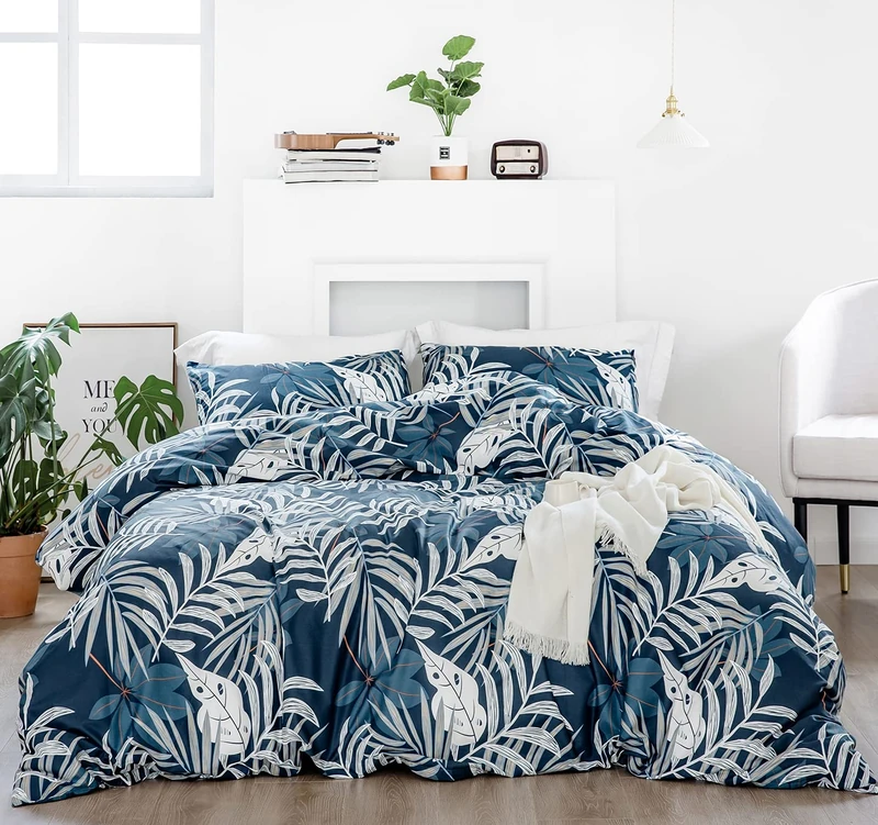 YuHeGuoJi Tropical Duvet Cover Set King 100% Cotton Blue Botanical Duvet Cover Soft 3 Pcs Set 1 Palm Leaves Plant Print Duvet Cover with Zipper 2 Pillowcases Botanical Bedding Breathable Comfortable