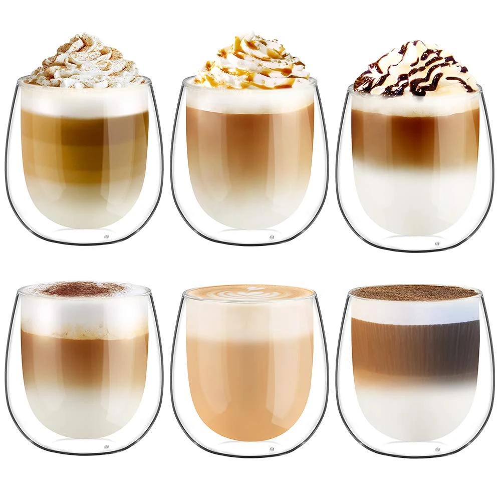 glastal 6x250ml Double Walled Coffee Glasses Mugs Cappuccino Latte Macchiato Glasses Cups for Coffee Tea Milk Juice Ice Cream Borosilicate Heat Resistant Glass Cups