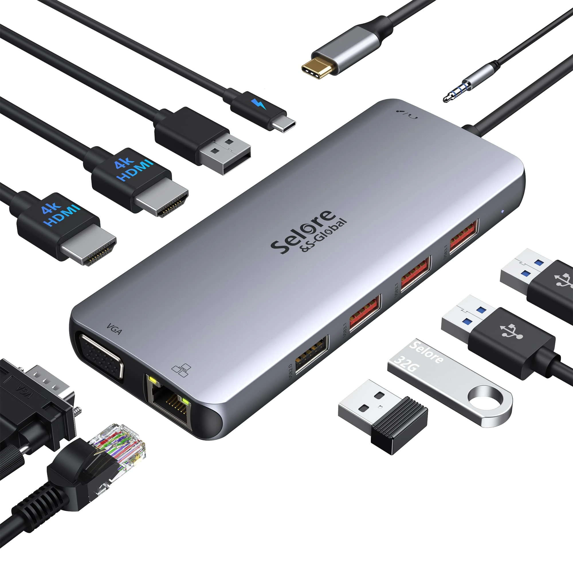 Docking Station Dual HDMI 11 in 1, USB C Hub Multiport Adapter Dual Monitor Laptop Docking Station with 2 HDMI, VGA, RJ45 Ethernet, USB 3.1/2.0, 100W PD for MacBook, Dell, Surface