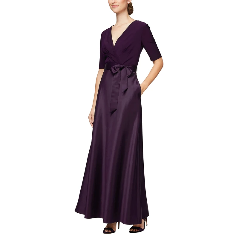 Alex Evenings Women's Satin Ballgown Dress with Sleeve (Petite and Regular Sizes) Special Occasion, Eggplant, 16