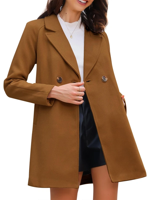 Allegra K Women's Notched Lapel Double Breasted Raglan Winter Coats, Brown, L