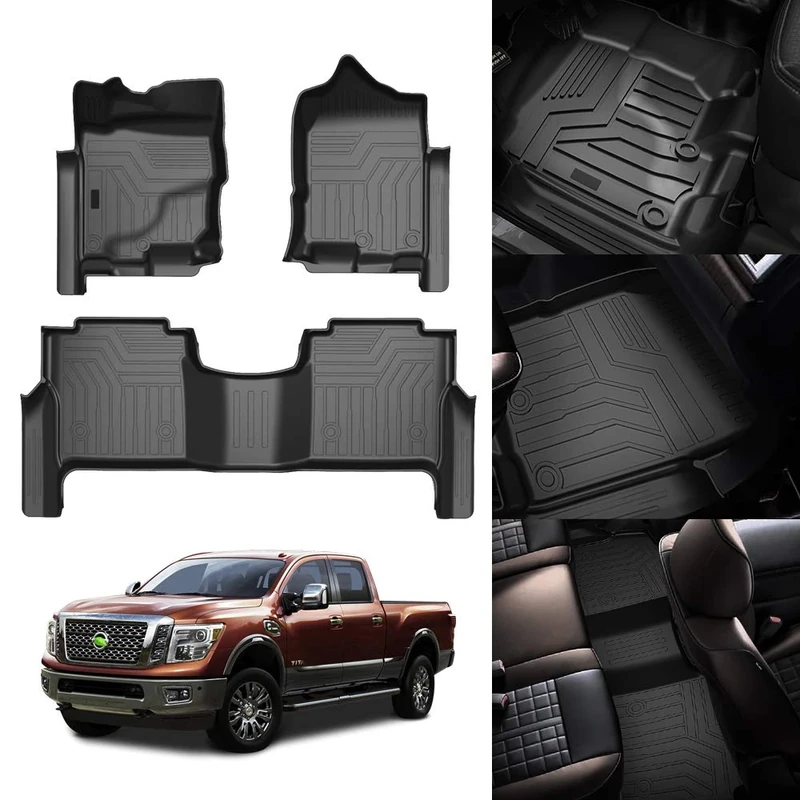 KUST Custom Fit Floor Mats for 2017-2021 Nissan Titan / 2016-2021 Nissan Titan XD Crew Cab (with Rear Under Seat Organizer) All Weather Floor Liners 5D 1st & 2nd Row Carpet Liners Black