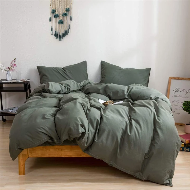Mucalis Sage Green Duvet Cover Queen 100% Natural Washed Cotton Duvet Cover Set Full 3pc Solid Modern Dark Green Bedding Duvet Cover Set with Zipper Closure Corner Ties,Soft-No Comforter