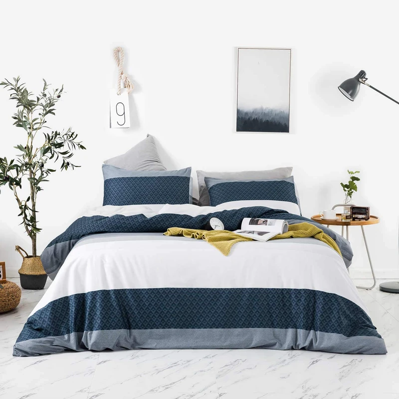 SUSYBAO Navy Striped Duvet Cover Queen 100% Cotton 3 Pcs Set 1 Vintage Blue Stripe Duvet Cover with Zipper Ties 2 Pillowcases Luxury Soft Navy Blue White Geometric Print Bedding Set Breathable