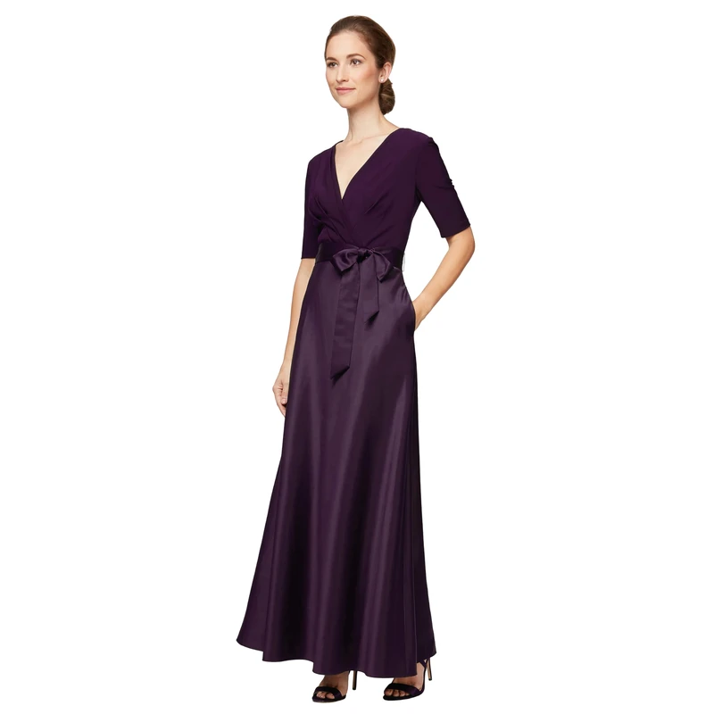 Alex Evenings Women's Satin Ballgown Formal Event Dress with Pockets and Tie Belt (Petite and Regular Sizes) Special Occasion, Eggplant, 14