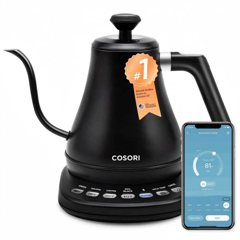COSORI Electric Gooseneck Kettle with 5 Variable Presets, Stainless Steel, Black-Smart