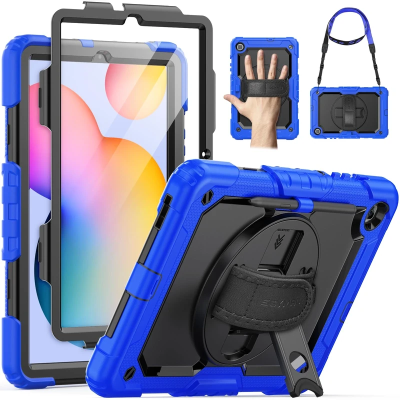 SEYMAC Case for Samsung Galaxy Tab S6 Lite 2022/2020, Full Body Protective Case with 360 Rotating Hand Strap/Kickstand, Shoulder Strap and Screen Protector for Samsung S6 Lite 10.4”, Blue