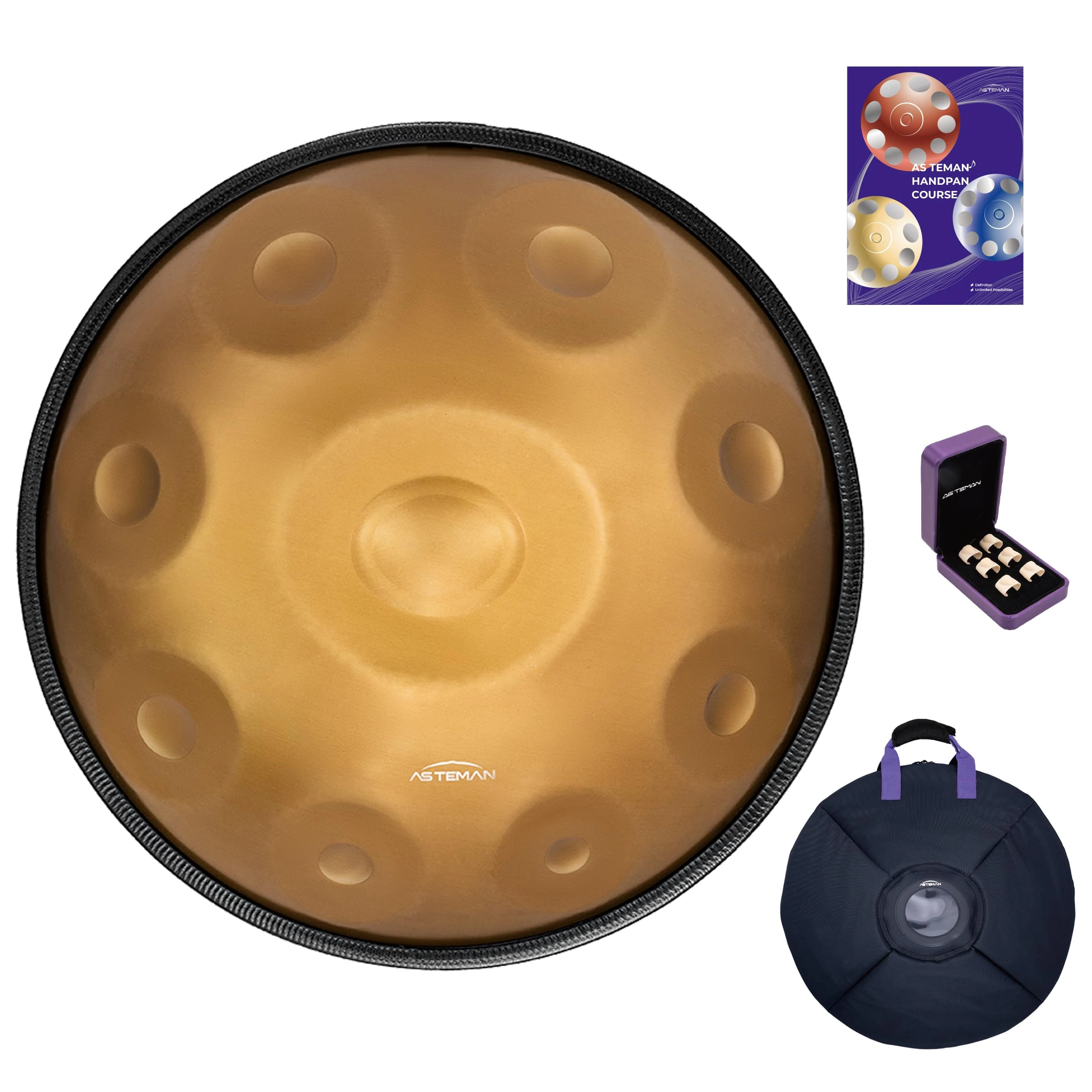 AS TEMAN HANDPAN, Handpan drum instrument in D Minor 9 Notes 440HZ 22 inches Steel Hand Drum with Soft Hand Pan Bag, 2 handpan mallet,Handpan Stand,dust-free cloth,gold