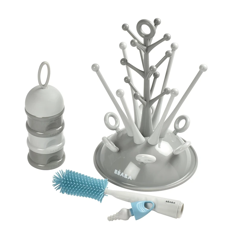 Béaba New Baby Set, Bottle Drainer Tree Large Capacity-Grey, Stackable Milk Measuring Box-Grey, Silicone Bottle Brush