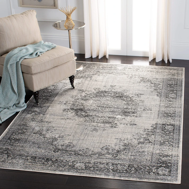 Safavieh Vintage Medallion Rug for Living Room, Dining Room, Bedroom - Atlas Collection, Short Pile, in Ivory and Grey, 99 X 160 cm