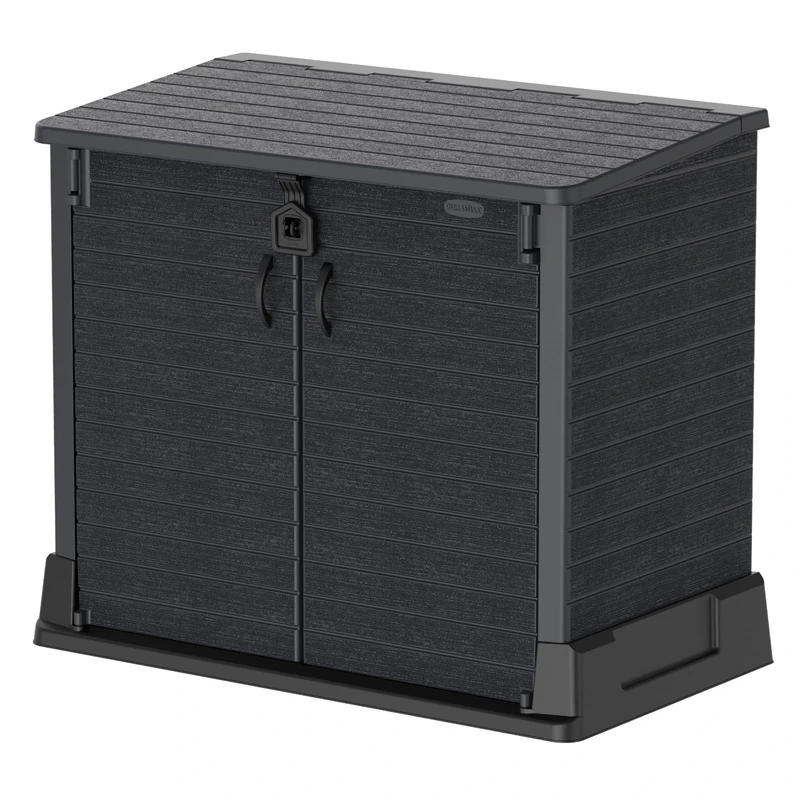 Duramax Cedargrain StoreAway 850L Plastic Garden Storage Shed - Outdoor Storage Shed, Wheelie bin box, Durable Construction, Ideal for Tools, BBQs & 2x 120L Garbage Bins, 130x74x110 cm, Dark Grey