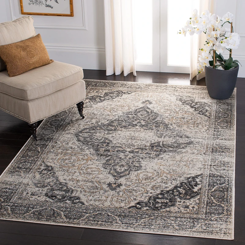 Safavieh Vintage Medallion Rug for Living Room, Dining Room, Bedroom - Atlas Collection, Short Pile, in Ivory and Beige, 99 X 160 cm