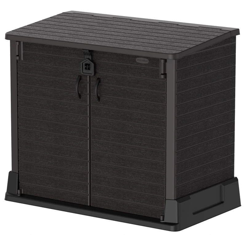 Duramax Cedargrain StoreAway 850L Plastic Garden Storage Shed - Outdoor Storage Shed, Wheelie bin box, Durable Construction, Ideal for Tools, BBQs & 2x 120L Garbage Bins, 130x74x110 cm, Dark Brown