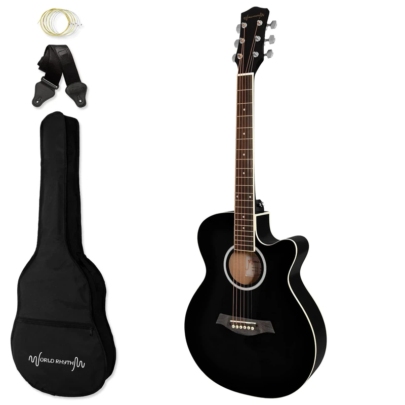 World Rhythm 3/4 Acoustic Guitar - Small Body Cutaway Guitar for Beginners in Black