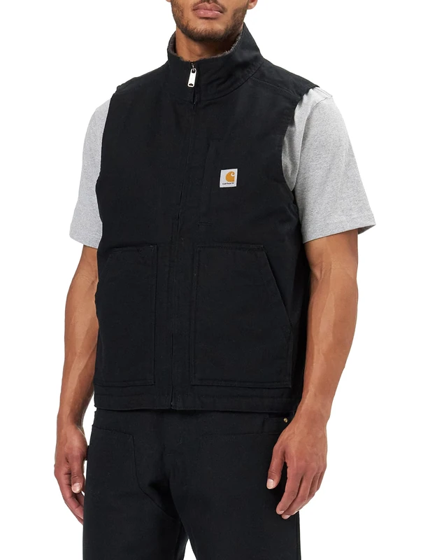 Carhartt Men's Loose Fit Washed Duck Sherpa-Lined Mock-Neck Vest, Black, L