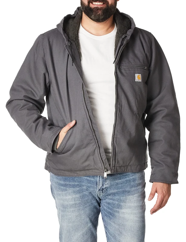 Carhartt Men's Relaxed Fit Washed Duck Sherpa-Lined Jacket Work Utility Outerwear, Gravel, L