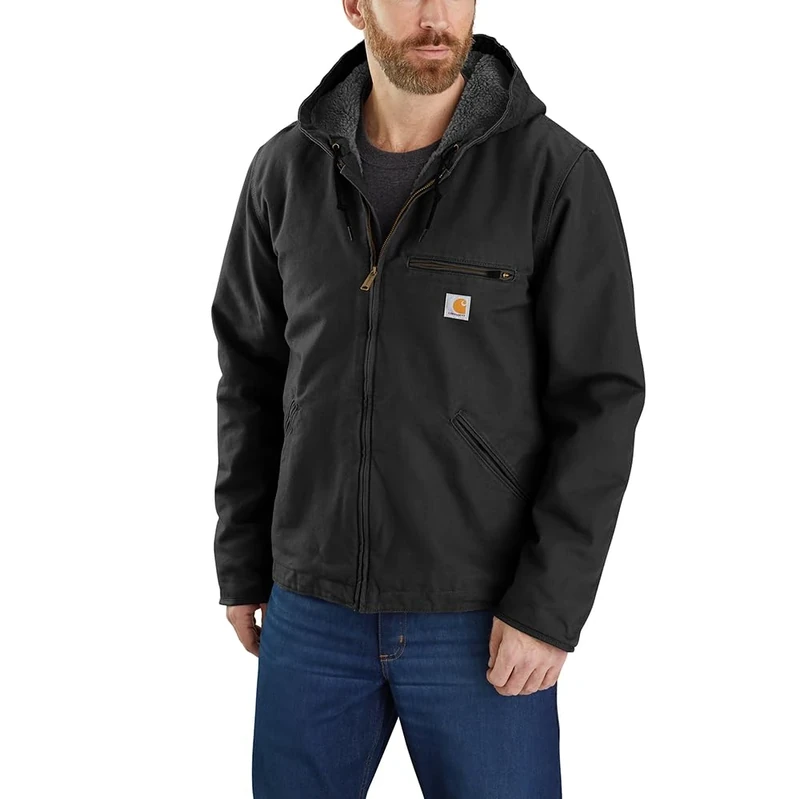 Carhartt Men's Relaxed Fit Washed Duck Sherpa-Lined Jacket Work Utility Outerwear, Black, L