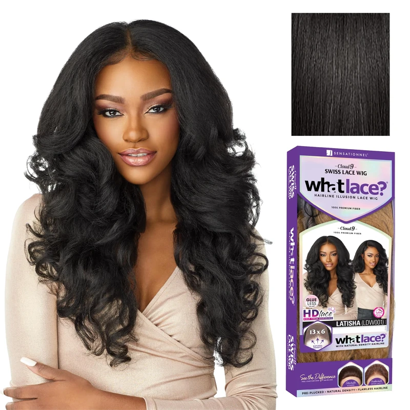 Sensationnel WHAT LACE 13x6 Wigs - Cloud 9 Synthetic Hair Hand Tied Natural Preplucked Hairline Illusion Lace Frontal Lacewig -Whatlace LATISHA (1B)