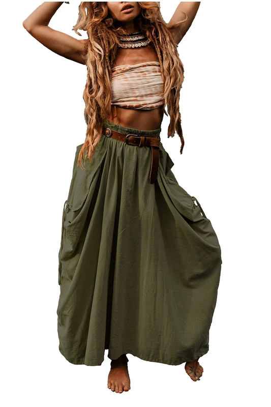 Thaluta Women's Maxi Boho Skirt with Pockets Bohemian Organic Cotton Hippie Gypsy, Olive, One Size - Image 1