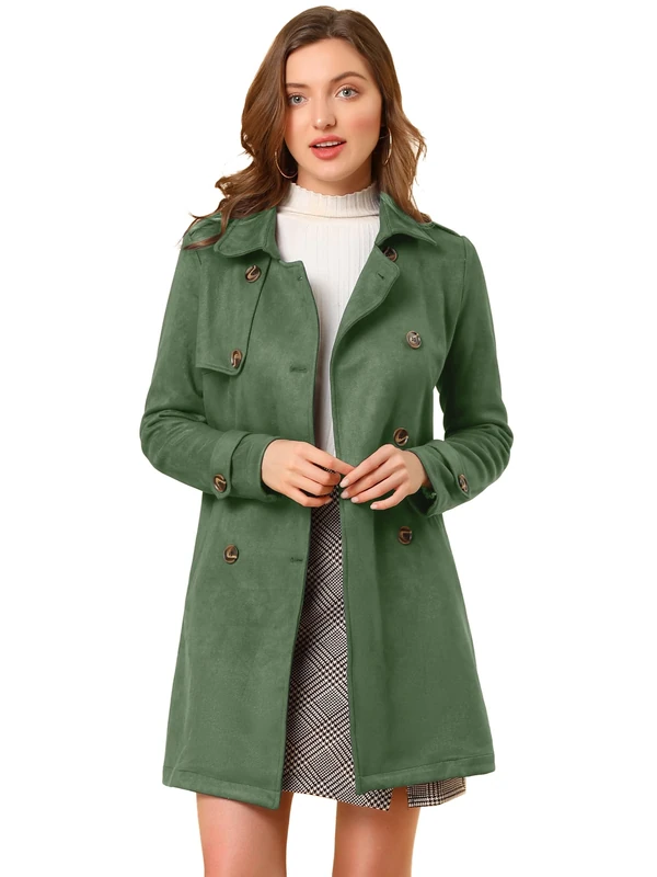Allegra K Women's Notched Lapel Double Breasted Faux Suede Trench Coat Jacket with Belt, Green, Small