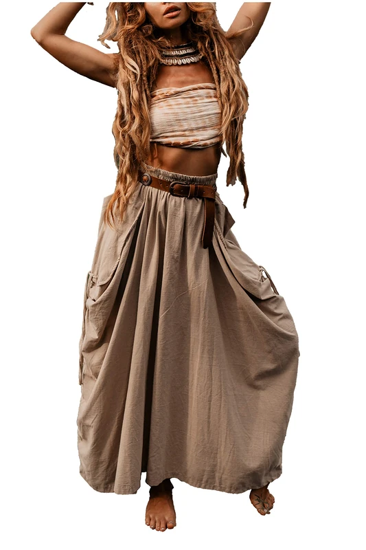Thaluta Women's Maxi Boho Skirt with Pockets Bohemian Organic Cotton Hippie Gypsy, Beige, One Size