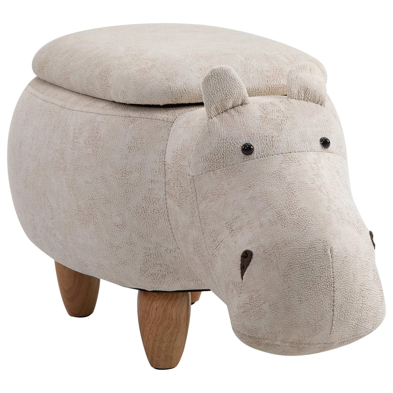 HOMCOM Hippo Storage Stool Cute Decoration Footrest Wood Frame Legs with Padding Lid Ottoman Animal Furniture Cream 36 x 65cm - Image 1