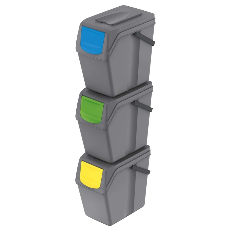 Prosperplast 145956 Set of 3 Cubes 3 x 25 L Grey Basket Bucket with Lid Stackable Set of 3