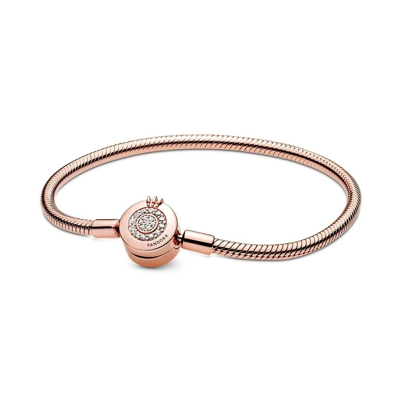 PANDORA Moments Women's 14k Rose Gold-Plated Sparkling Crown O Snake Chain Bracelet, Size 19, No Box