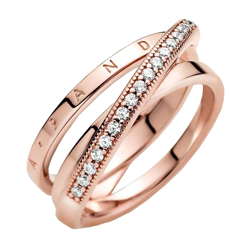 Pandora Signature Crossover Pavé Triple Band 14k rose gold-plated ring with clear cubic zirconia, 48
