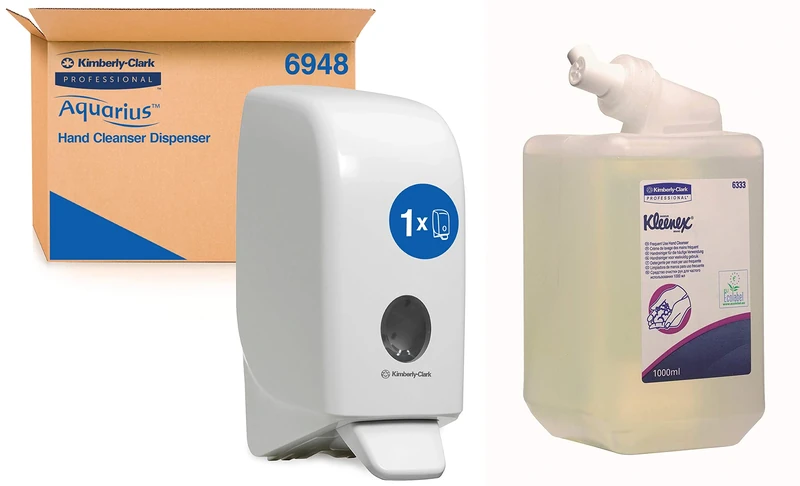 Aquarius Hand Cleanser Dispenser 6948 - 1 x White Wall Mounted Dispenser For Hand Wash + 1 x Kleenex, 6333, Frequent Use Hand Soap, Fragrance Free Hand Cleanser, Clear, 1 x 1 Litre Refill Cassettes
