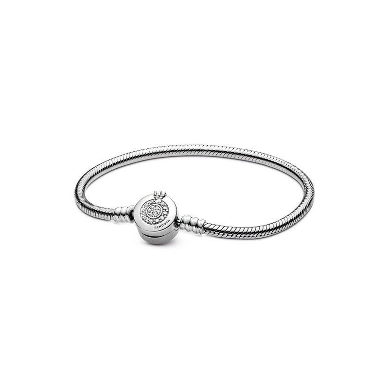 Pandora Signature Sparkling Crown O Snake Chain sterling silver bracelet with clear cubic zirconia, 19