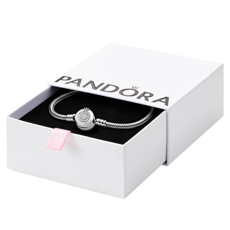 Pandora Signature Sparkling Crown O Snake Chain sterling silver bracelet with clear cubic zirconia, 17