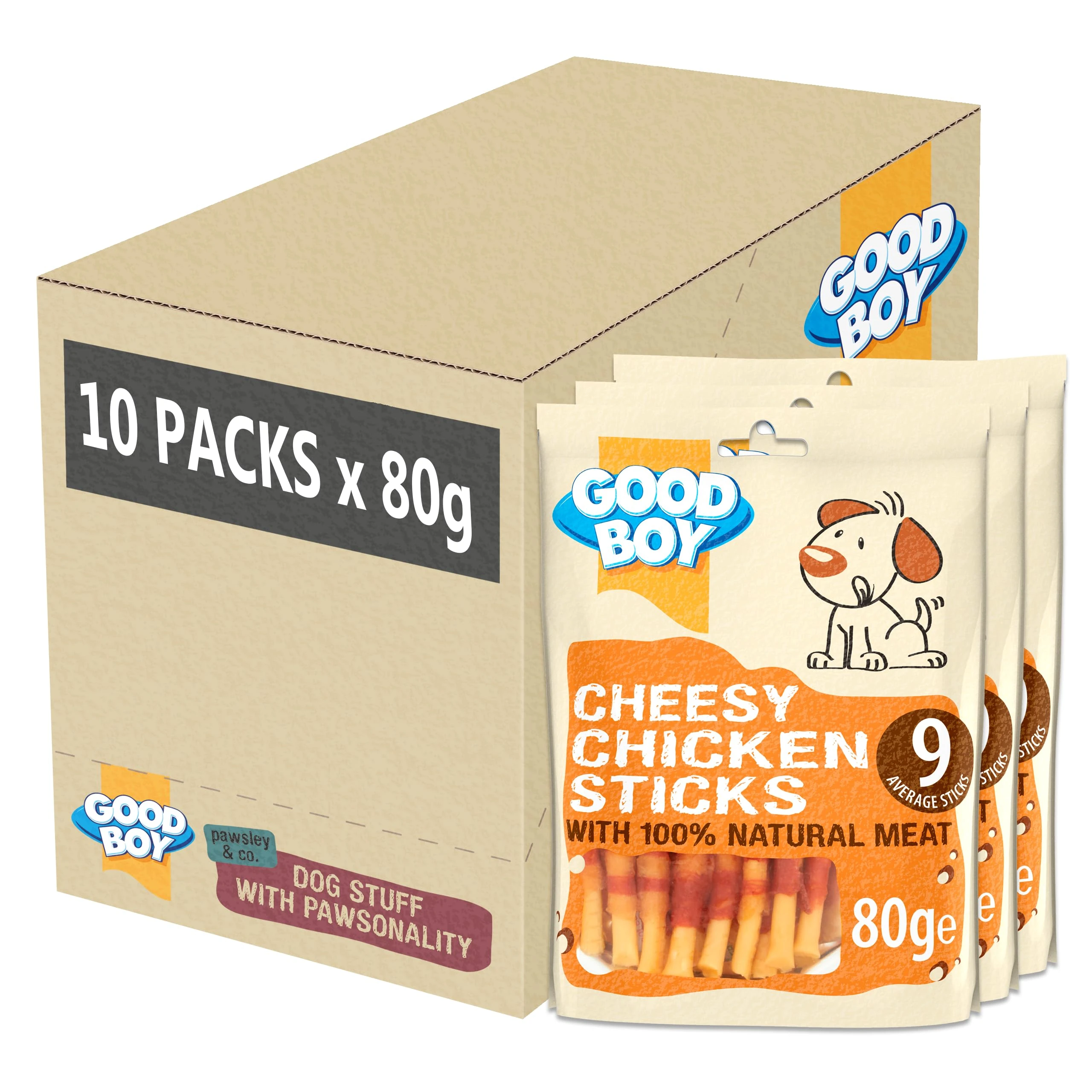 Good Boy - Cheesy Chicken Sticks - Dog Treats - Made With 100% Natural Chicken Breast Meat - 80 Grams ℮ - Low Fat Dog Treats - Case of 10