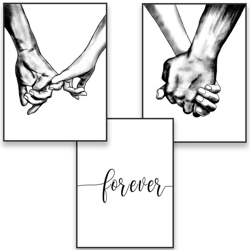 Framed Canvas Wall Art Hands Forever Ready To Hang Black & White Line Drawing Artwork for Living Room Bedroom Love Wall Pictures Prints for Couples Home Decor (12" x 16" x 3 Panels, Hands Forever) - Image 1