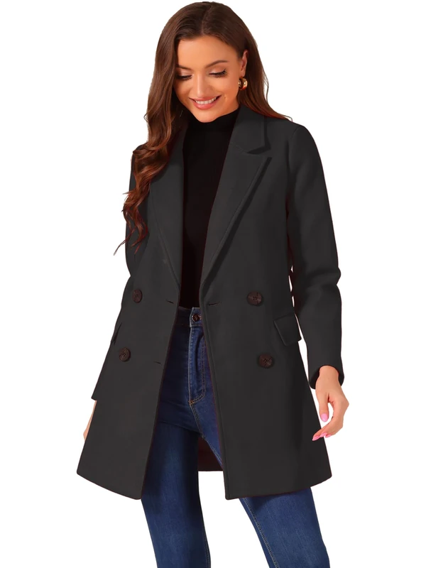 Allegra K Women's Notch Lapel Double Breasted Belted Mid Long Outwear Winter Coat, Black, M - Image 1