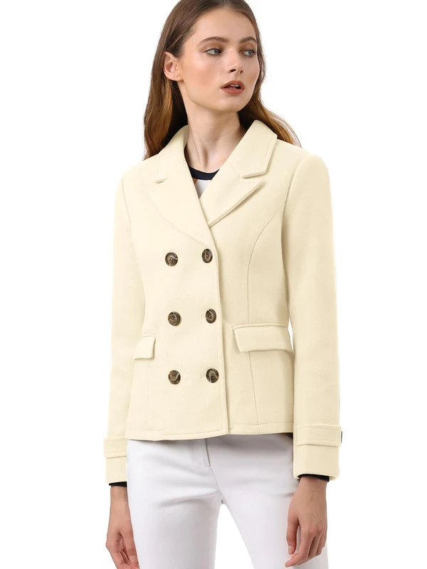 Allegra K Women's Notched Lapel Double Breasted Pea Coat, Beige, M