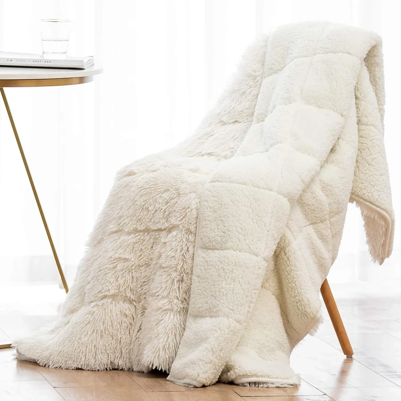 Wemore Shaggy Long Fur Faux Fur Weighted Blanket, Cozy and Fluffy Plush Sherpa Long Hair Blanket for Adult 15lbs, Fluffy Fuzzy Sherpa Reverse Heavy Blankets for Bed, Couch, Cream White, 48 x 72 Inches