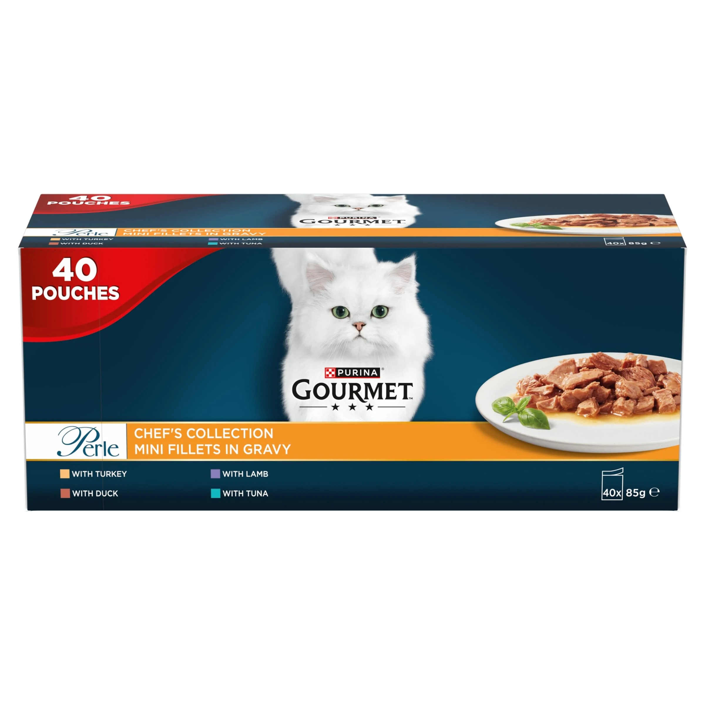 GOURMET Perle Chef's Collection Adult Wet Cat Food Mini Fillets in Gravy Variety Turkey, Tuna, Duck, Lamb 40 x 85g Pouches