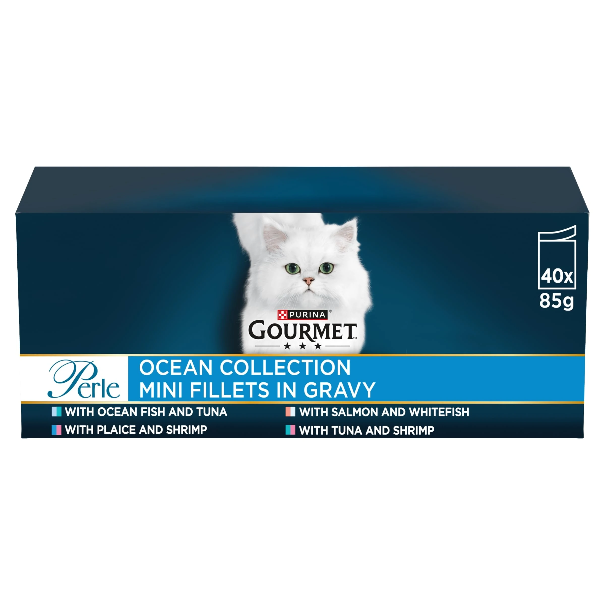 GOURMET Perle Ocean Collection Adult Wet Cat Food Mini Fillets in Gravy Tuna, Shrimp, Plaice, Salmon, White fish, Ocean Fish 40 x 85g Pouches