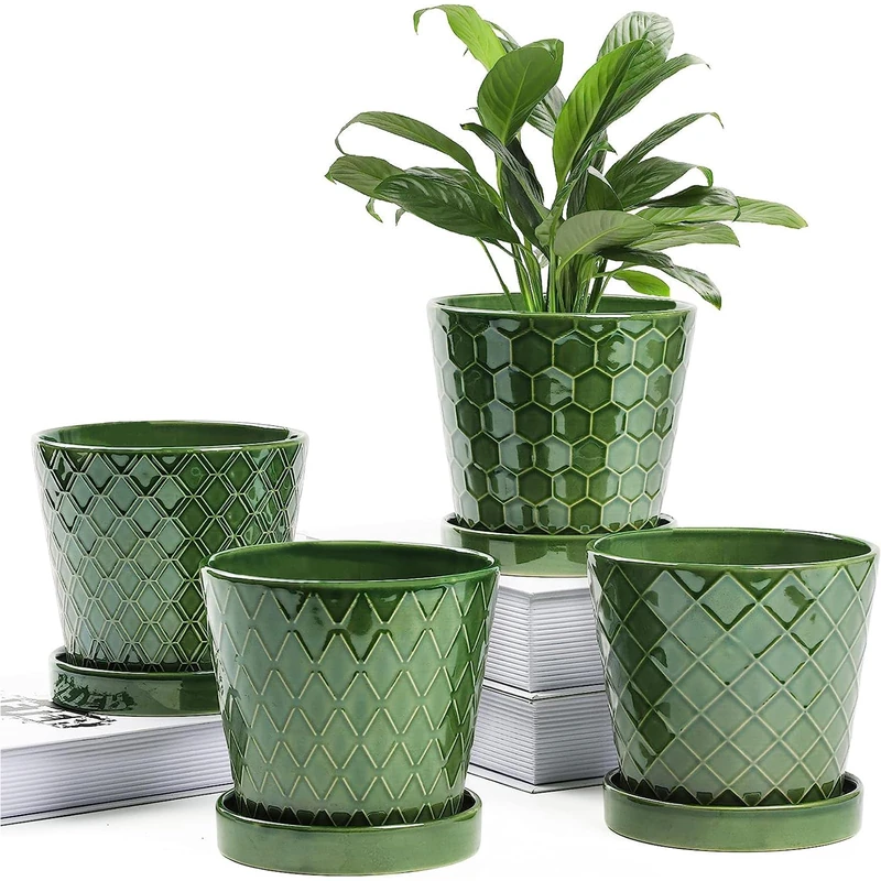 BUYMAX Plant Pots Indoor –5 inch Ceramic Flower Pot with Drainage Hole and Ceramic Tray - Gardening Home Desktop Office Windowsill Decoration Gift, Set of 4 - Plants NOT Included (Patina)