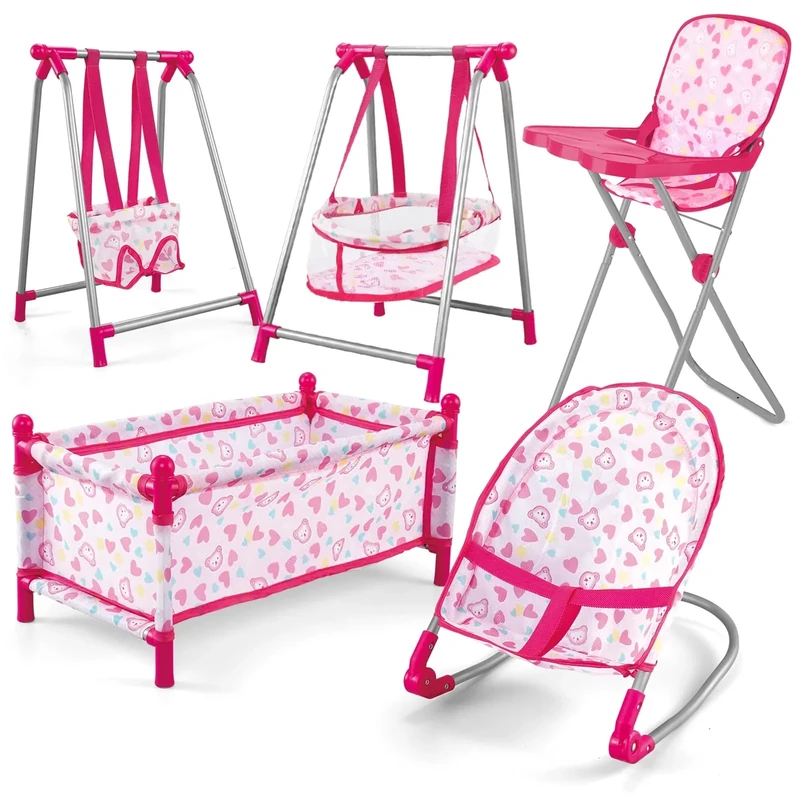deAO Kids Deluxe 5-in-1 Baby Doll Pretend Play Set with Doll Accessories, Cot Bed, Bouncer, Adjustable Swing Seat, High Chair, Pretend Parenting Role Play Toy for Girls(Doll Not Included)