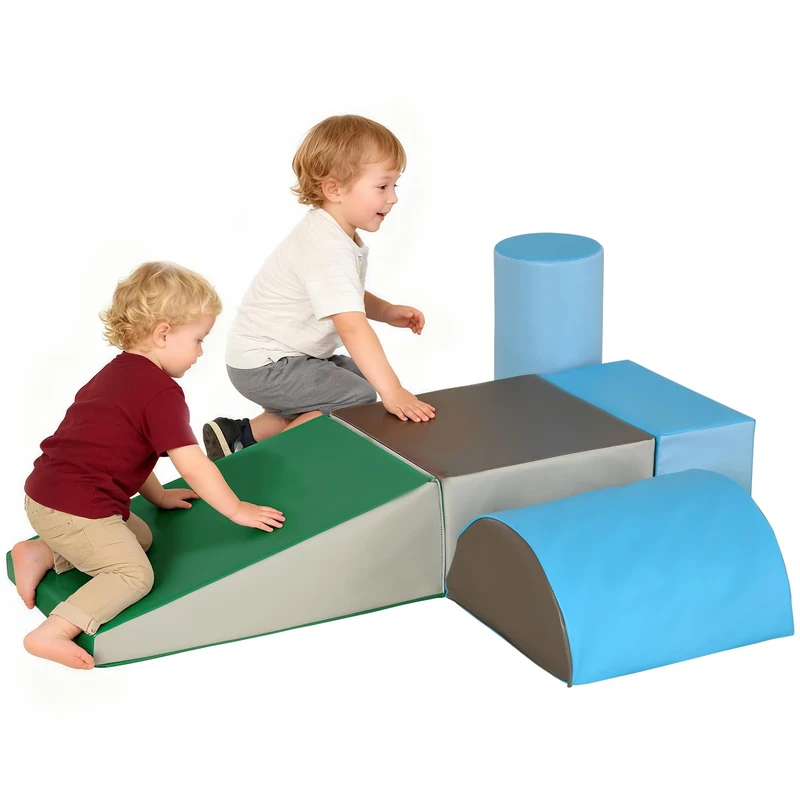 HOMCOM 5 PCs Kids Soft Play Set, Climb and Crawl Activity Toys Set for Baby Toddler, Soft Foam Blocks Indoor Play Equipment Learning Toys Blue - Image 1