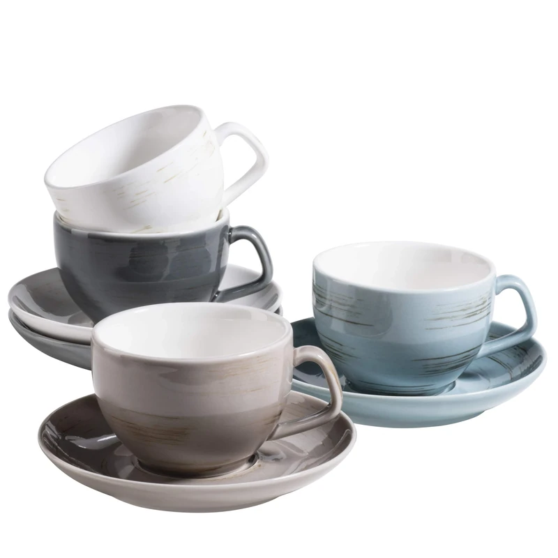 MÄSER 931609 Derby Series Premium Coffee Set for 4 People in Catering Quality, Cups with Saucers in Modern Design Pastel Colours, Durable Porcelain, Blue, White, Beige, Grey