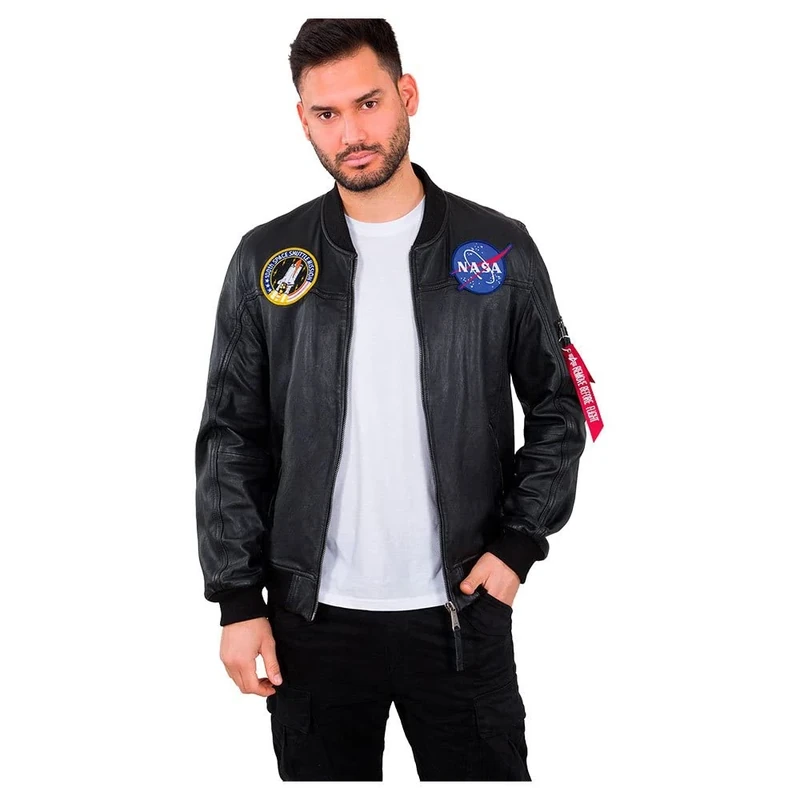 Alpha Industries Men's MA-1 LW NASA Leather Bomber Jacket, Black, S
