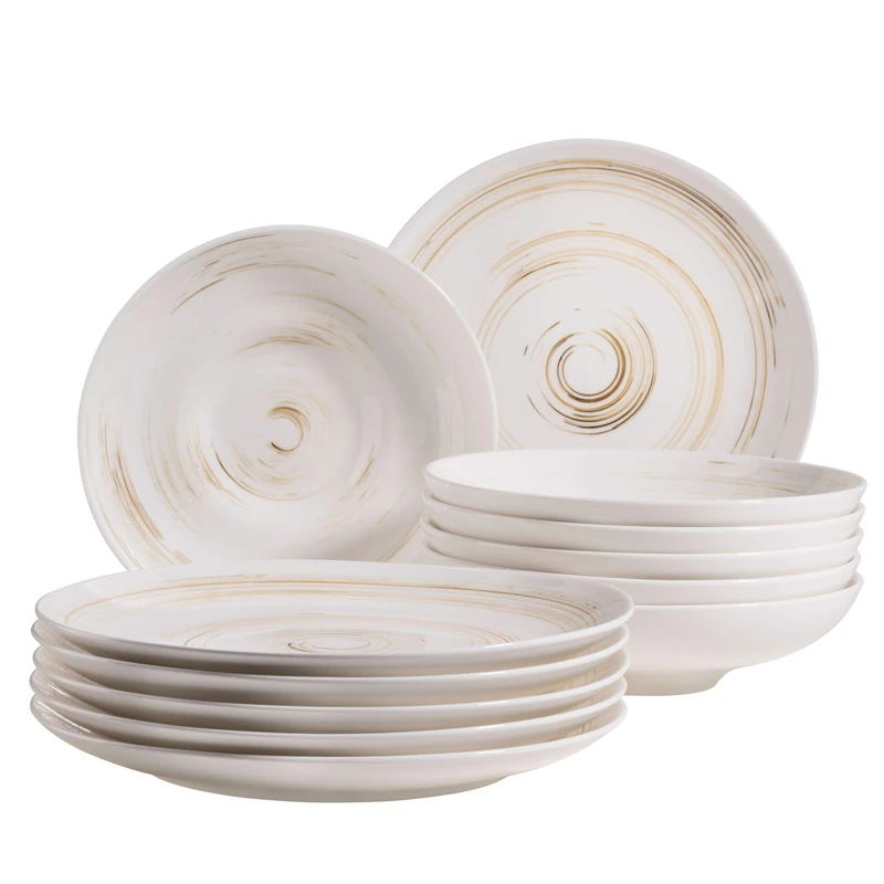 MÄSER 931605 Derby Series, Premium Dinner Service for 6 People in Catering Quality, 12-Piece Modern Plate Set with Hand Brush Effect, White, Durable Porcelain - Image 1